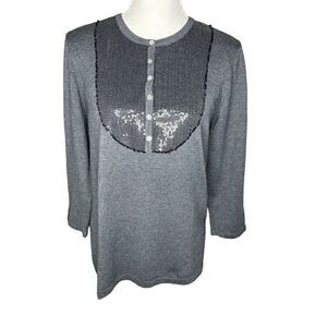 J. McLaughlin Sz L Charcoal Gray Black Sequin 3/4 Sleeve Henley Light Sweater
